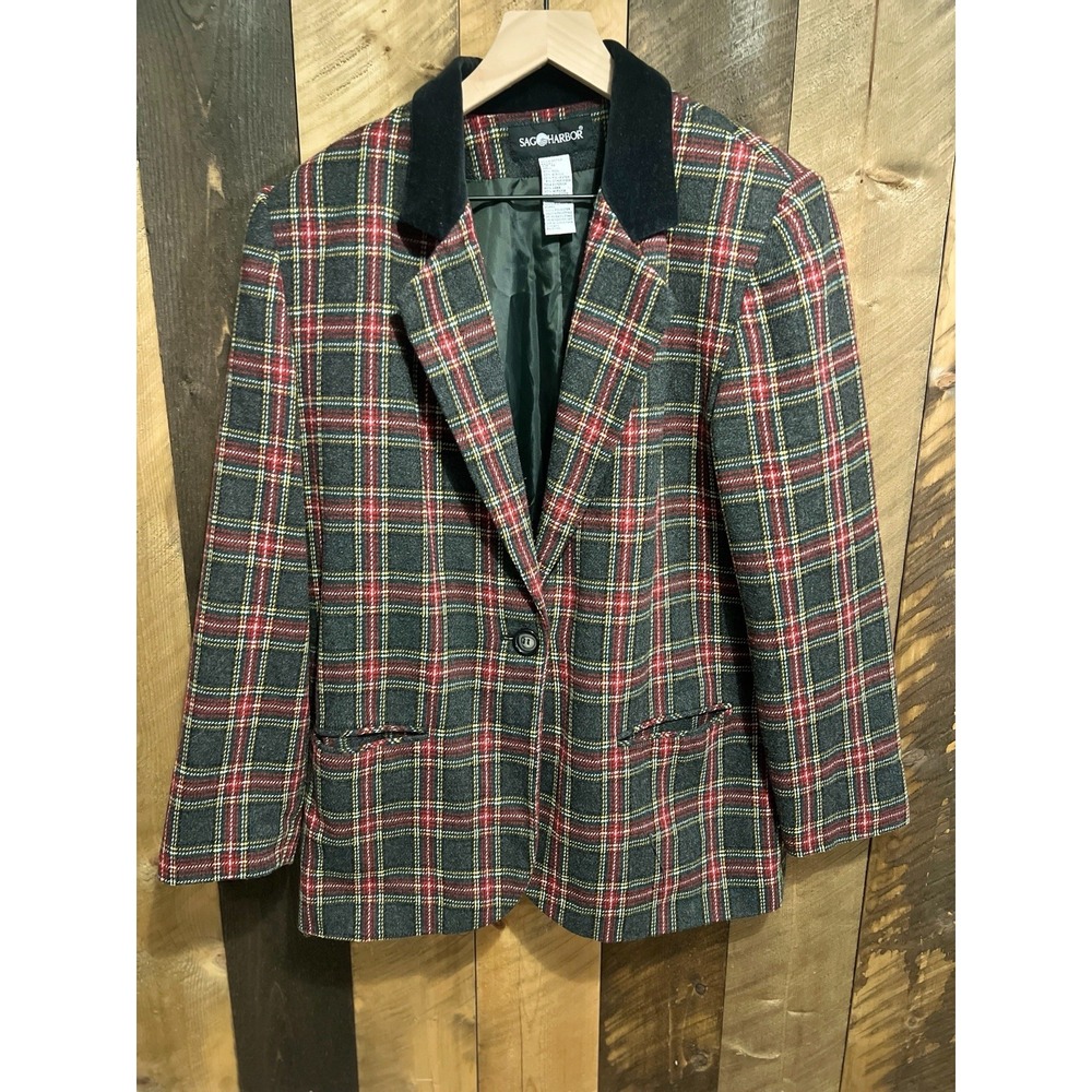 Sage Harbor Women's Blazer 12 Wool Plaid Velvet Collar Vintage Tartan Jacket